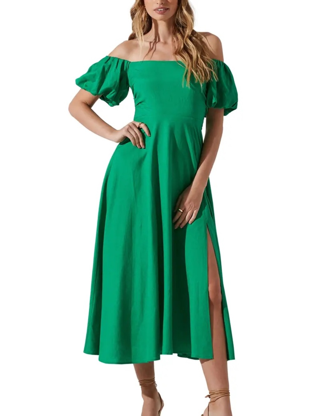 ASTR the Label | Puff Sleeve Side Slit Midi Dress Green Size Medium
